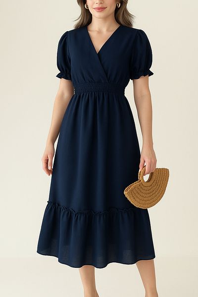 MILANOFOX Women's Navy Blue Double Breasted Collar Gipeli Muslin Dress - Short Sleeve Summer Casual Midi Dress
