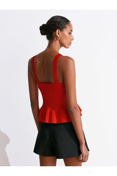 Dilvin 10775 Square Neck Strap Ruffled Knitwear Blouse-Red