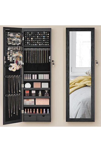 SONGMICS Jewelry Cabinet With Mirror, Mdf, Wall Mounted, 37x10x120 Cm, Black