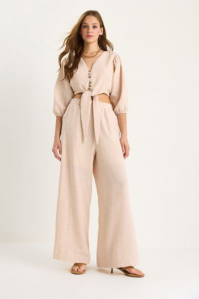 Bianco Lucci Women's Tie Detail Blouse Lined Pants with Buttoned Pants Lined Bottom-Top Set 9266 60281046