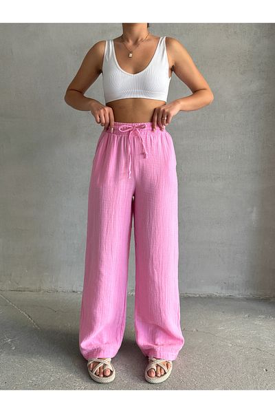 BEJNA Women's Pink Muslin Palazzo Trousers