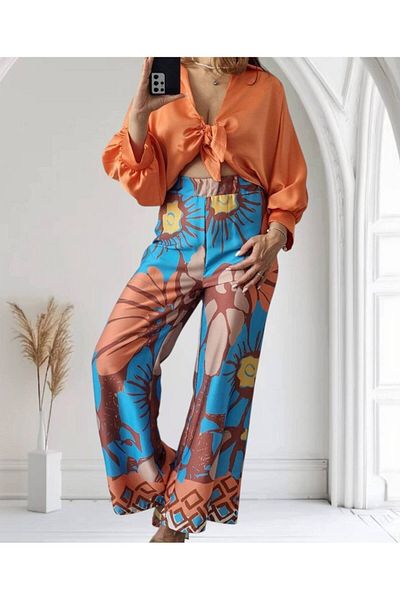 GLAMSI Floral Print Satin Set – Wide Leg Pants & Elegant Top