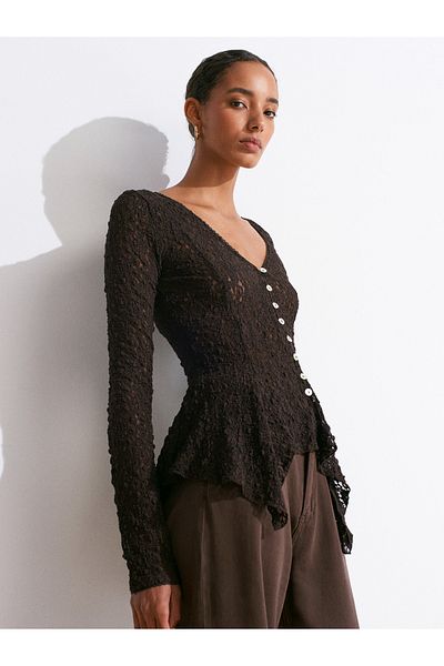 Dilvin 60433 Cardigan din dantelă peplum cu nasturi - maro închis