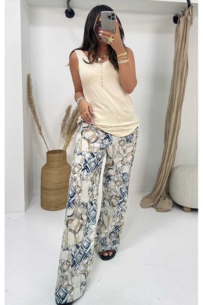 Sohotique By P Linen Texture Patterned Trousers Beige-Blue
