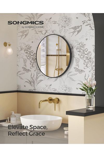 SONGMICS Wall Mirror, Round Mirror, Bathroom Mirror, Diameter 61 Cm, Metal Frame, Black