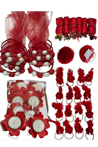 Muensu 44 parça Ekonomik Kına Seti, El Mumu, Nedime Tacı, El Gülü ve Nedime Bileklik