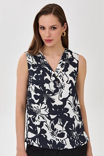 İKİLER V YakaÖnü Düğmeli Kolsuz Desenli Bluz 025-3014