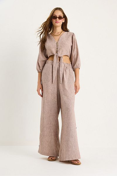 Bianco Lucci Women's Tie Detail Blouse Lined Pants with Buttoned Pants Lined Bottom-Top Set 9266 60281046