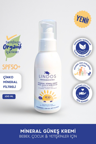 Lindos Organik Mineral Filtreli Güneş Kremi Spf50 Bebek, Çocuk Ve Yetişkinler Için 100 ml