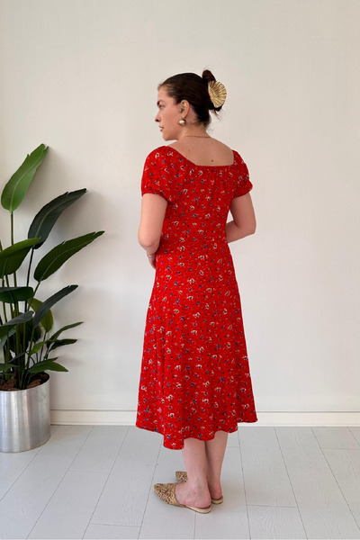 Dks Life Boat Neck Tie Front Floral Patterned Chest Gathered Midi Dress