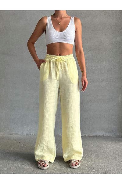 BEJNA Women's Yellow Muslin Palazzo Pants