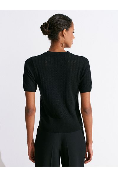 Dilvin 60974 Crew Neck Openwork Button Knitwear Cardigan-Black