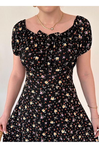 Dks Life Boat Neck Tie Front Floral Patterned Chest Gathered Midi Dress