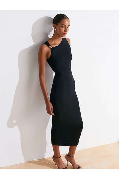 Dilvin 91493 Accessory Detailed Asymmetrical Dress-Black