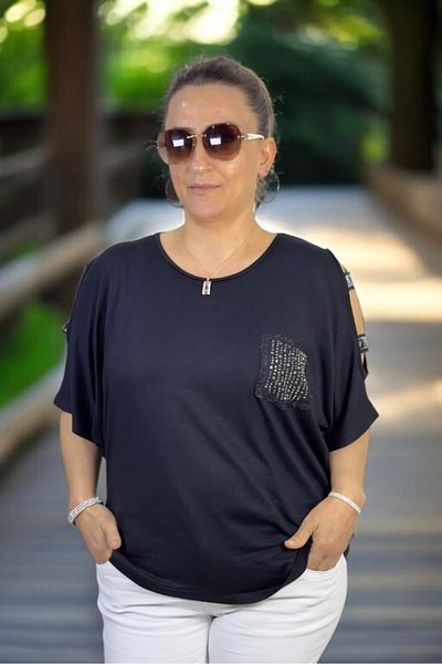 yagmurberen Sleeveless with Hanger Detail Stone Decorated Chest Pocket Circle Necklace Large Size Bluz Black