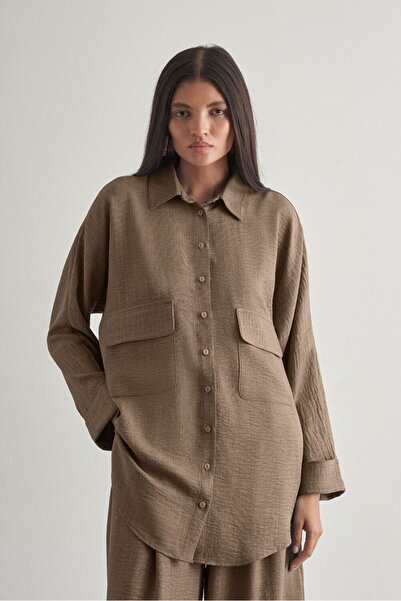 Mizalle Keten Dokulu Torba Cepli Kahverengi Tunik