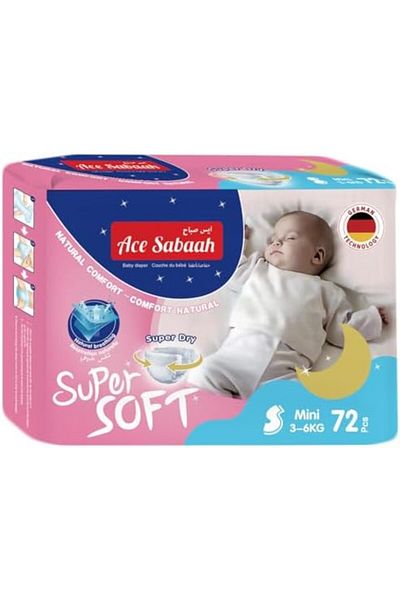 Ace Sabaah Super Dry Diaper, Soft Feel, Natural Comfort, Small Size 2, 3-6Kg, Mega Pack