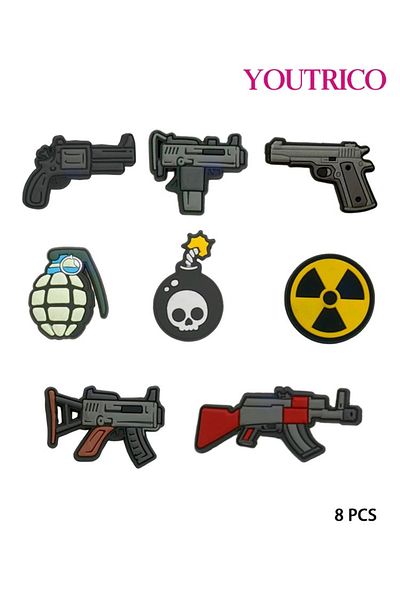Youtrico 8pcs Cartoon Weapon and Bomb Jibbitz Charms for Playful Military Slipper Ornament