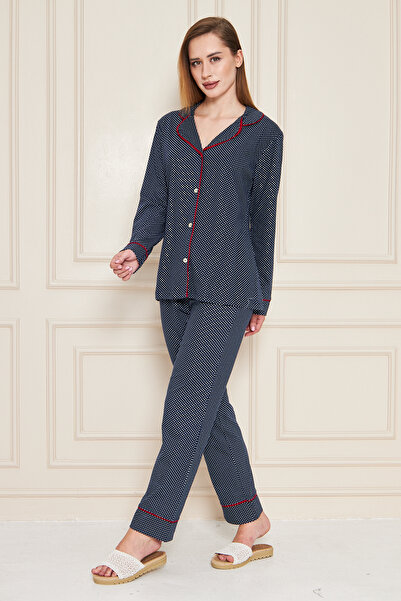 JADİYA Polka Dot Navy Blue Women's Pajama Set