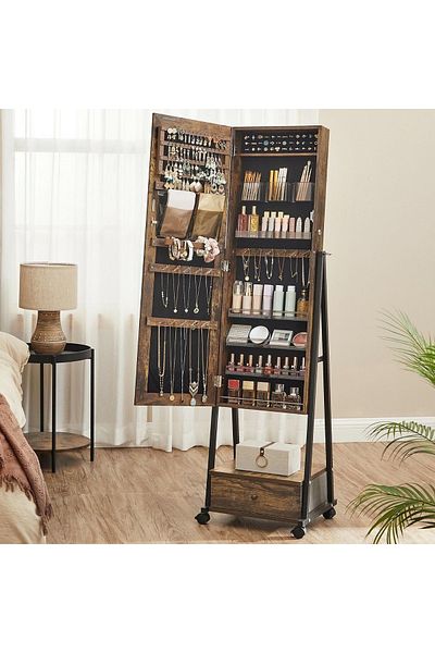 SONGMICS Floor Mirror with Mobile Stand on Wheels, Storage Space, 42x37x153 Cm, Rustic Brown