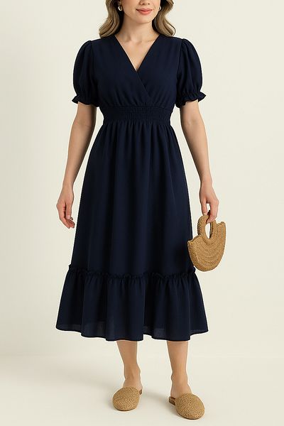 MILANOFOX Women's Navy Blue Double Breasted Collar Gipeli Muslin Dress - Short Sleeve Summer Casual Midi Dress