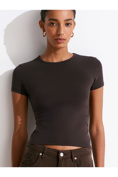 Dilvin 31906 Body Fitting Short Sleeve T-Shirt-Dark Brown