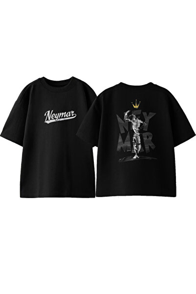 Anetos تي شيرت نيمار كينج مطبوع من الأمام والخلف من القطن باللون الأسود مقاس كبير