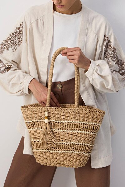 Külah حقيبة شاطئ منسوجة يدويًا بتفاصيل شرابة من الروطان - جملي