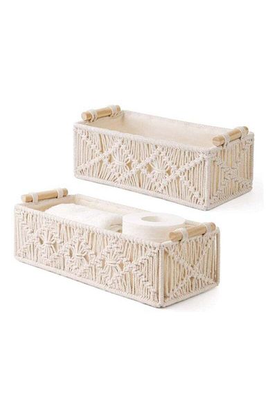 COOYA Handmade Woven Cotton Rope Storage Bins, Macrame Decorative Tray Boho with Wood Handles, for Home
