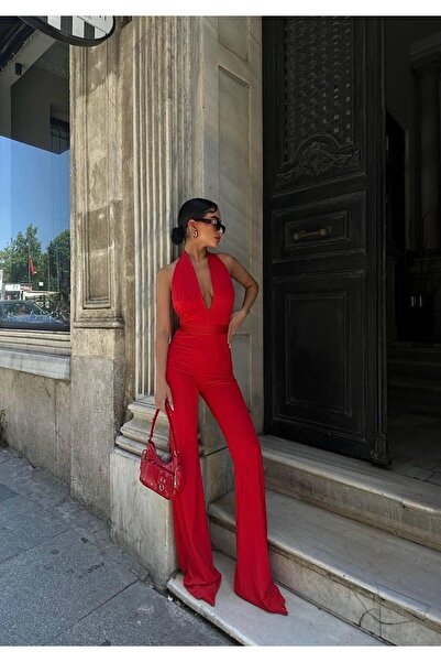 Genel Markalar Halter Yaka Dalgıç Kumaş Yüksek Bel Toparlayıcı İspanyol Paça Tulum