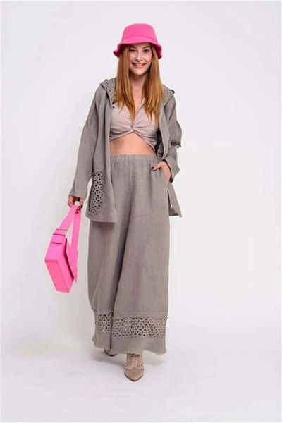 EREN STYLE Italian Bohemian Hooded Jacket Scalloped Trousers Set