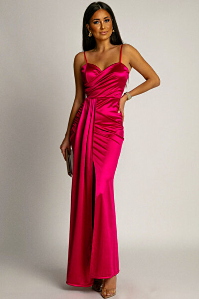 FashionForYou Σατέν βραδινό φόρεμα, OLyna, με φαρδύ άνοιγμα και πλαϊνή πιέτα,...