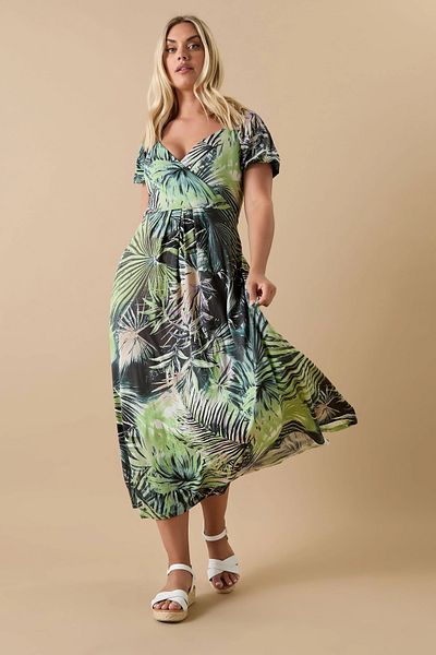 Şans Women's Plus Size Green, Wrap Collar, Short Sleeve, Floral Print Long Dress 65N38999