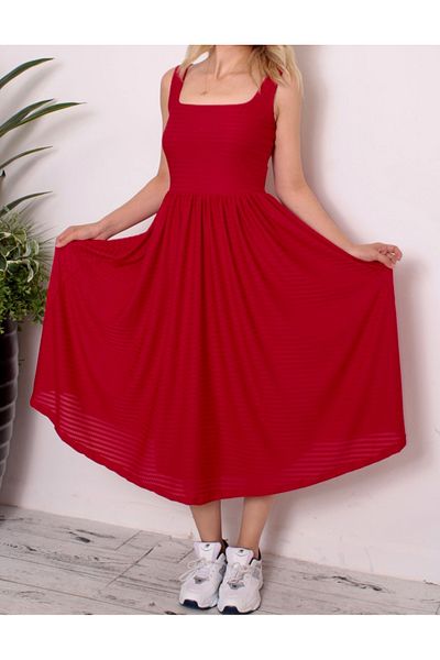 Ceylen Thick Strap Square Neck Skirt Flared Midi Dress