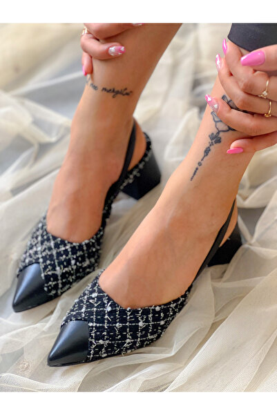 BERFONA Sandale cu toc de 5 cm din țesătură din tweed cu puncte alb-negru ALBA