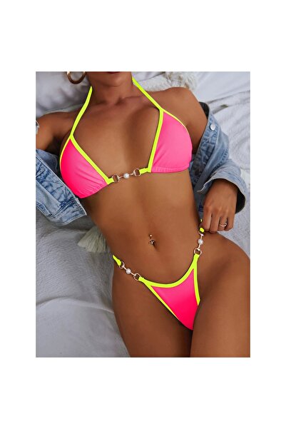 LUZZ SECRET'S Neon Pembe İnci Detaylı İki Parça Bikini Takımı – Yazlık Seksi bikini