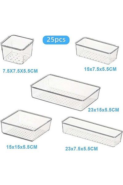 COOYA 25 PCS Clear Plastic Drawer Organizers Set, 4-Size Versatile Drawer Organizer Trays, Storage Bins
