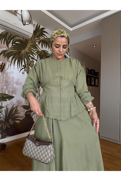 Aselim Hijap Moda 4 Layer Muslin Skirt Set |   Summer Cotton Suit with Belt |   Size 36-42 Green