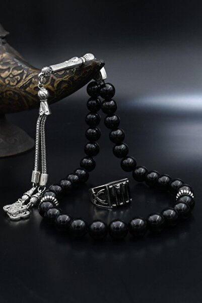 Prestige Doğal Oniks Taşlı Tesbih Ve 925 Ayar Gümüş Yüzük Siyah Zirkon Taşlı ...