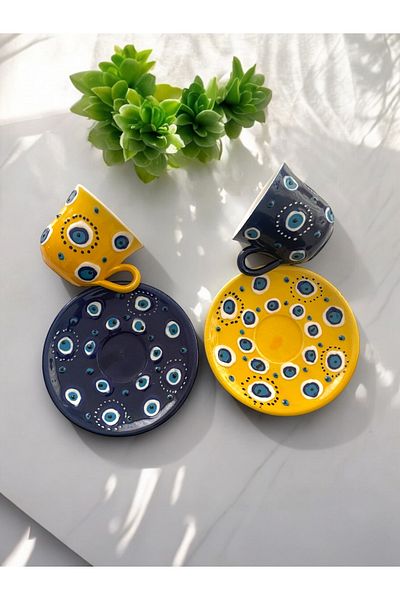 Artistic Quality Decorative 2-Person Stylish Evil Eye Design Fully Handmade Coffee Cup Set