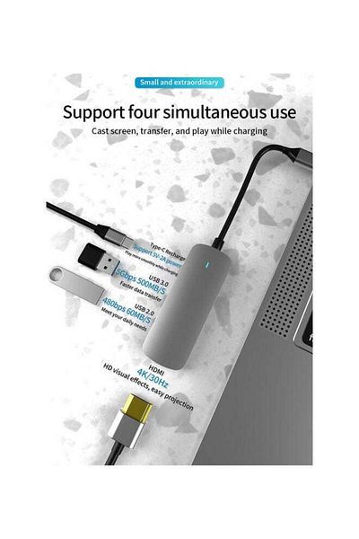 COOYA 4-In-1 Adapter USB Multi Port 3.0 Type-C HDMI-compatible Adapter For MacBook (Grey)