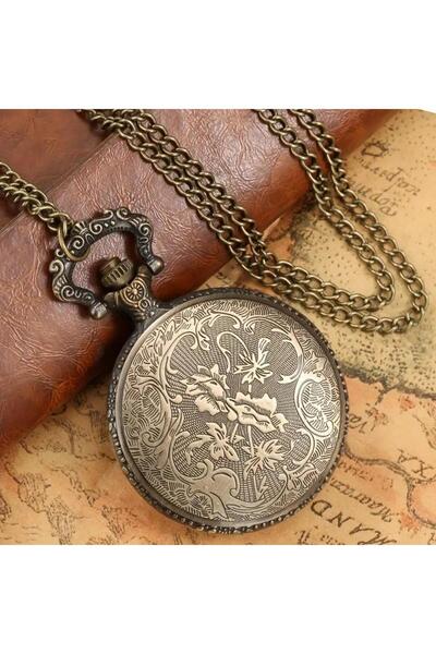 valkyrie Zarif Kabartma Çiçek Desenli Vintage Bronz Cep Saati - Kolye Köstekli Retro Hediye