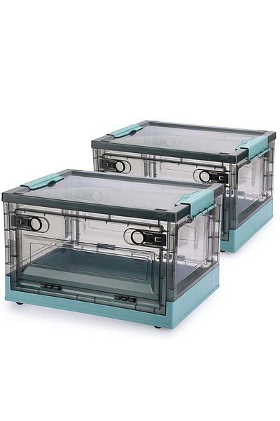 COOYA 2 Pack 40L Clear Folding Storage Boxes,with Wheels and Double Side Doors,for Home and Office