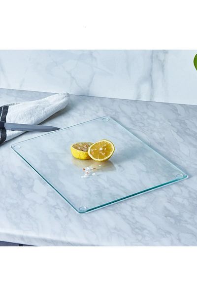DreamHomes Transparent Glass Cutting Board, Cutting Board Edges Oval, Antibacterial, Presentation Board, 20X30