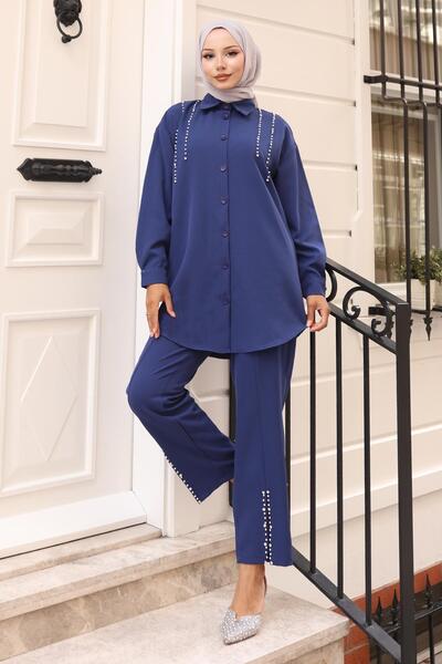 Modamihram Перлен костюм с детайли в индиго цвят 19259