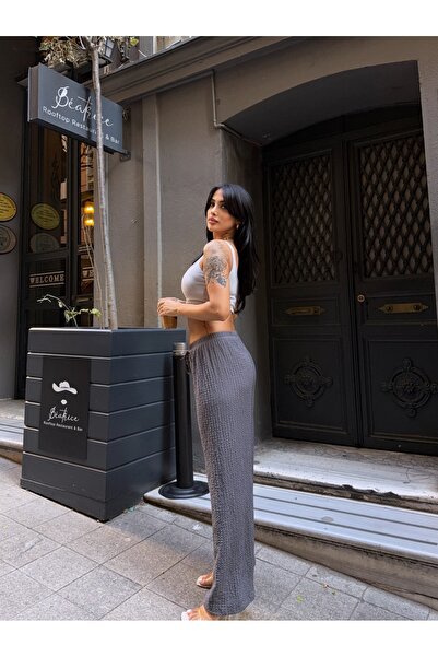 Buklemoda Seersucker Wide Leg Trousers Gray