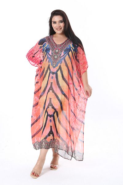 Şans Women's Plus Size Colorful, Stone Detailed Unlined Chiffon Cap Dress