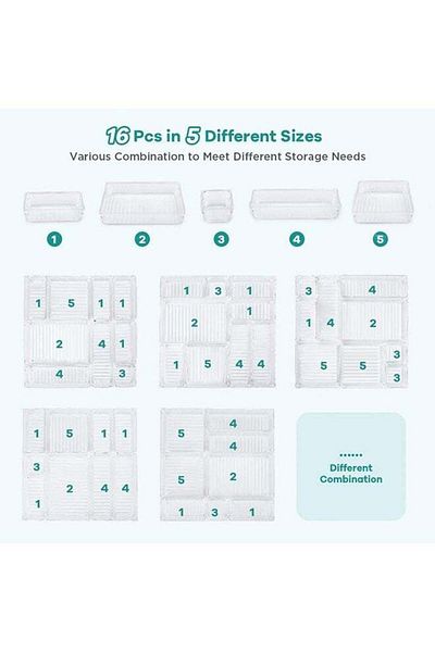 COOYA 16 Pcs Drawer Organizer Set 5-Size Bathroom Drawer Vanity Trays Organizers Divider Container