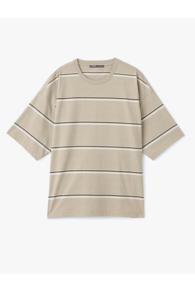 Koton Striped Crew Neck Short Sleeve Tok Fabric Cotton Oversize T-Shirt