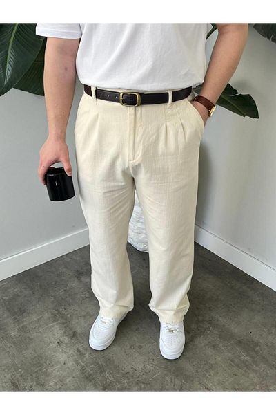 MODA Cream Belt Pleated Summer Trousers